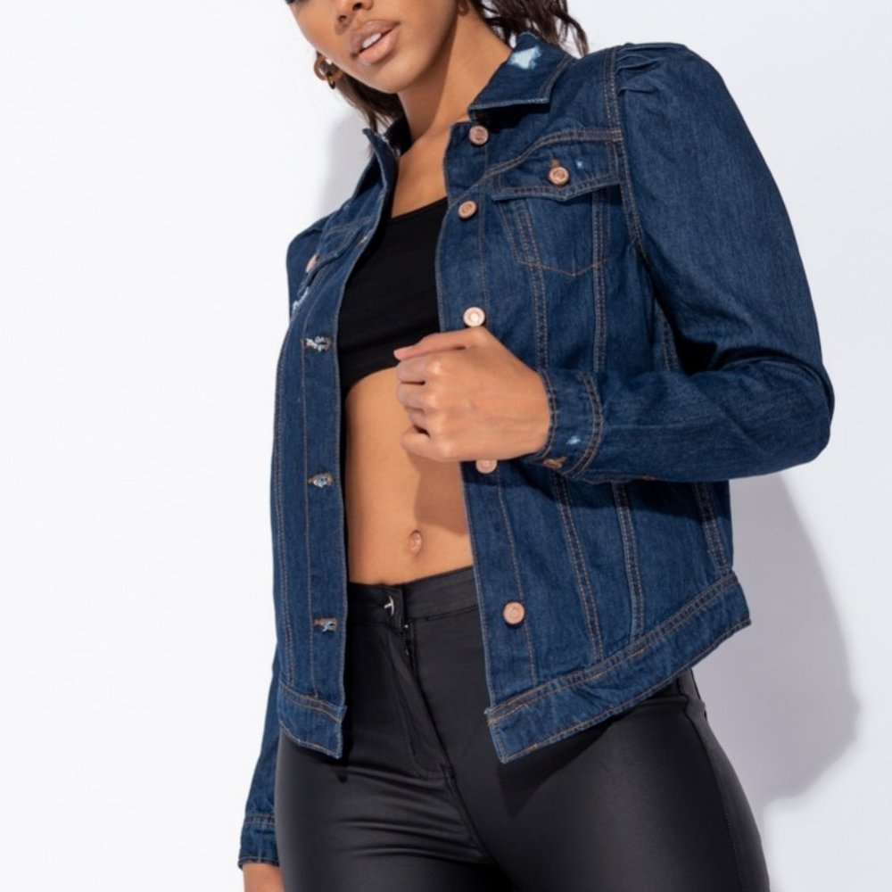 Blue Long Puff Sleeve Distressed Denim Jeans Jacket - Picture 2 of 8